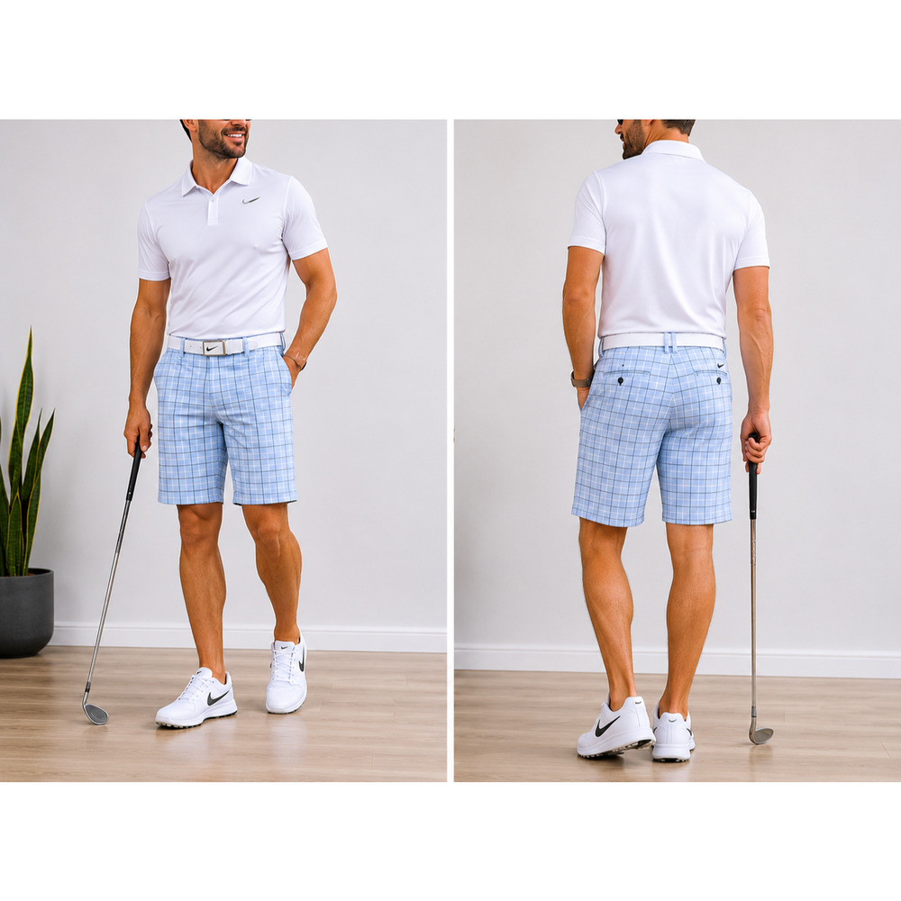 Nike Golf Dri Fit Plaid Golf Shorts Mens 36 Blue Stretch Flat Front Performance